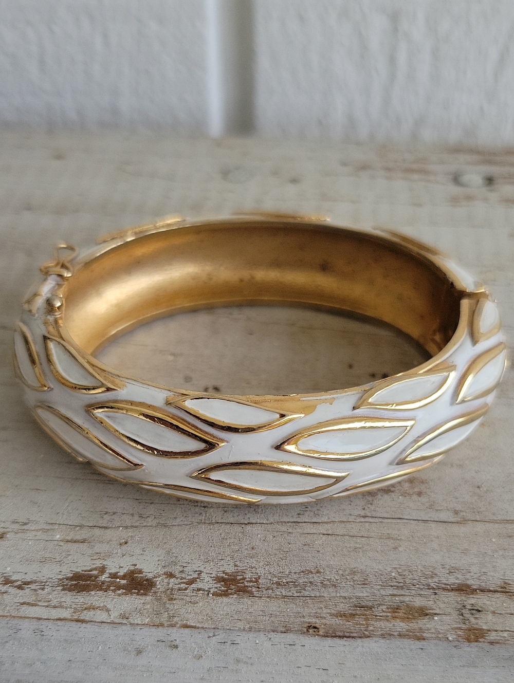Trifari White and Gold Enamel Leaf Motif  Hinge Bracelet Safety Clasp